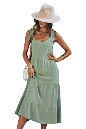 Image of chouyatou Women's Summer Adjustable Spaghetti Strap Solid Ruffle Swing Midi Dress