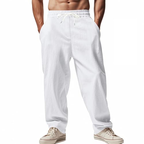 Baggy Linen Pants Men Elastic Waist Drawstring Casual Loose Fit Wide Straight Leg Summer Lightweight Vacation Pants