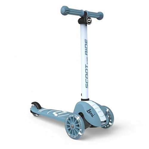 Scoot and Ride Highwaykick 3S Acero – Plegable & Regulable en Altura – con Ruedas LED – para niños a Partir de 3 años – Personalizado con Nombre