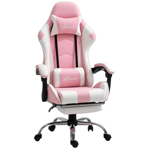 Vinsetto Silla Gaming Reclinable Silla Gamer Giratoria con Reposacabezas Reposapiés Cojín Lumbar Altura Ajustable para Oficina Estudio 64x67x119-127 cm Rosa