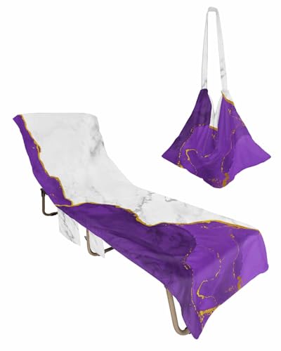 Marble Purple Beach Chair Cover with Side Pockets, Microfiber & Quick Dry Pool Chaise Lounge Chair Towels Covers for Sun Sunbathing Patio Garden Hotel, Elegant Marbling Modern Aesthetic Gold