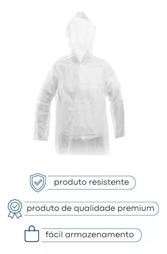 Capa de Chuva Descartável Unissex com Capuz, 120 cm, 45g, Transparente