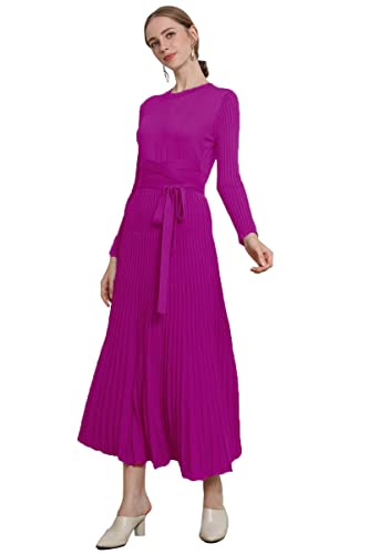 Image of Women's Long Knit Crewneck Sweater Dress Tie Waist A-Line Swing Pleated Bodycon