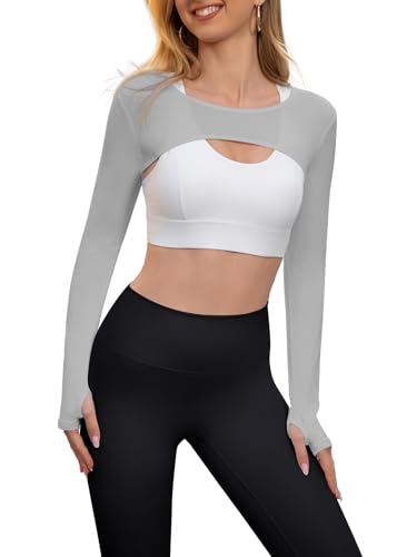 Image of Women Long Sleeve Crop Top Bolero Thumbhole Workout Cropped Shirts Sports Shrug