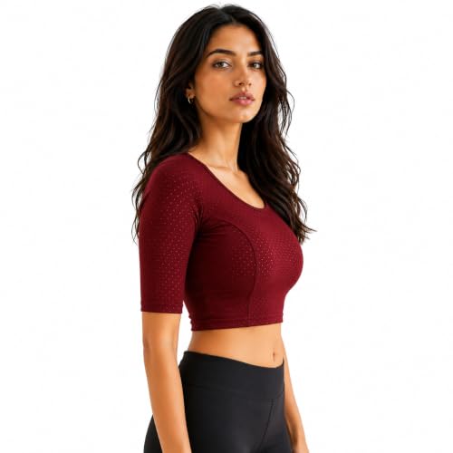 Image of Fressia Fabrics Pure Cotton 4-Way Stretch Readymade Blouse for Women | Free Size to 4XL Stretchable Round Neck Dobby Cotton Half Sleeve Readymade Saree Blouse for Women Stylish