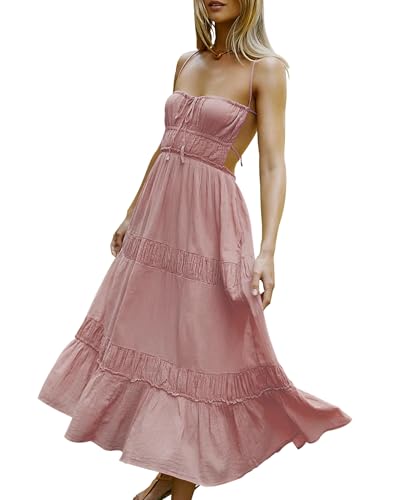 Image of VIUTIL Flowy Maxi Dress for Women Summer Cotton Backless Beach Long Dress with Pockets 2026