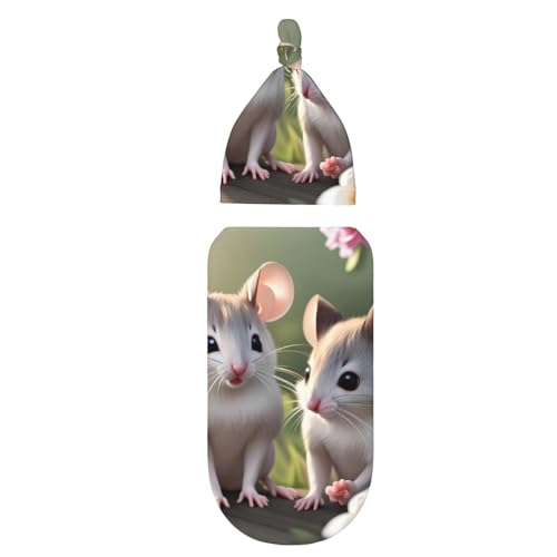 Mouse in Love Print Newborn Swaddle Blanket with Beanie Set, Soft Baby Sleep Sack Receiving Wraps, for Boy Girl