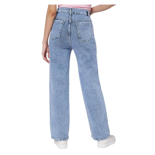 Image of Wide Leg Plain Jeans for Women & Girls I Denim Flared Straight Baggy Pant I Stretchable Comfortable High Waist Clean Look Loose Fit Pants for Office Party Home