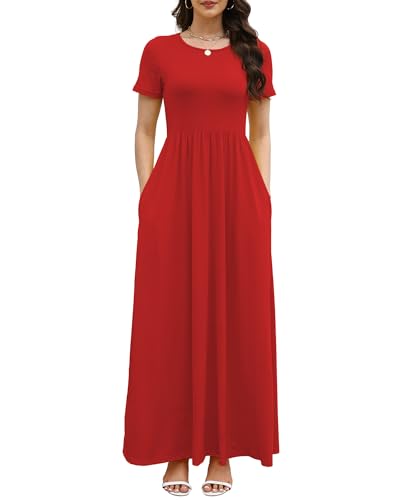 Image of COSSEN Women's Crew Neck Short Sleeve Maxi Dress with Pockets Casual Loose Swing for Wedding Guest Beach Vacation