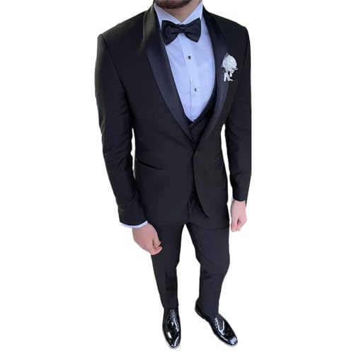 Men Single Breasted Solid Color Wedding Groom 3-Piece Business Casual Suit Black
