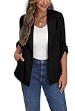 PrinStory Blazer para mujer, con frente abierto, manga ajustable, con bolsillos de botones, Negro, 46-48
