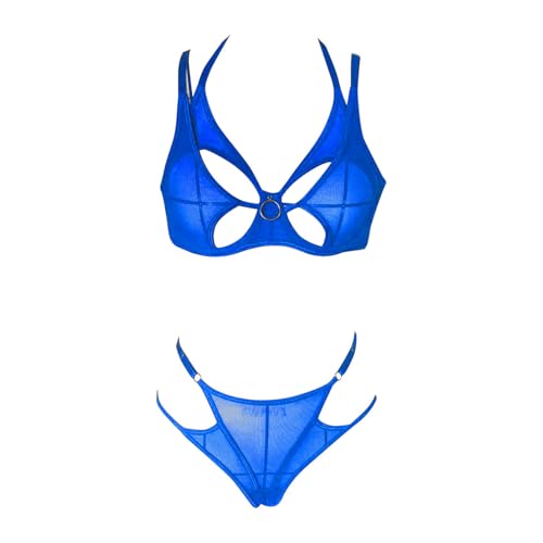 Elegante lencería para mujer con lazo negro y correas finas ajustables, diseño cómodo y elegante, perfecto para el uso diario, bragas de encaje con abertura, azul, S