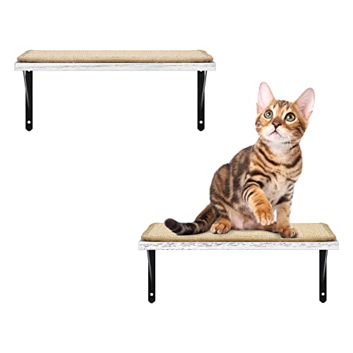 Cat Climbing Shelf Wall Shelves 2 Pack with Cat Scratching Sisal Mat,Solid Pine Wood Cat Hammock Wall Mounted Kitty Furniture,Indoor Cat Floating Shelves for Perching,Playing,Sleeping Off-White