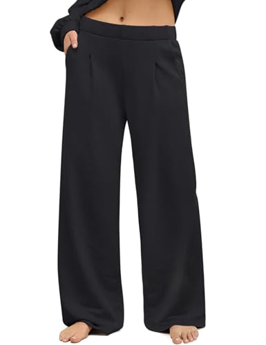 HeSaYep Women's Wide Leg Sweatpants Baggy Straight Leg Sweat Pants Elastic High Waisted Loose Pants with Pockets