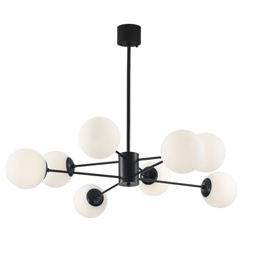 KCO Lighting 北欧モダン シャンデリア ペンダントライト 8灯 シーリング マルチアーム E26口金 高さ調節可能 調光対応 延長ロッド付き LEＤ対応 おしゃれ 天井照明 照明器具 インテリア ダイニング リビング キッチン 電球別売り (ブラック＋ホワイト)