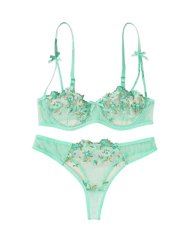 Lilosy Sexy Bows Floral Embroidered Mesh Sheer Underwire Lingerie Set 2 Piece Women Flower Push Up See Through Bra and Panty Light Green Medium