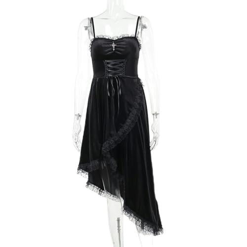 Herbstlicher Spitzenspleißung, langem Rock, trendigem Straps-Wildlederkleid für Damen – Schwarz – S