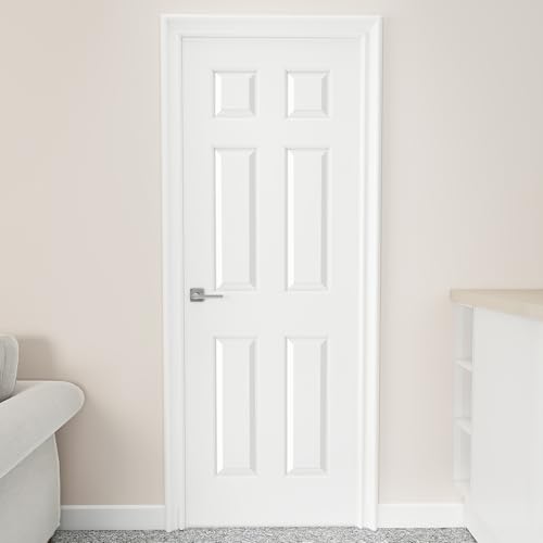 Image of JUBEST 28 inchx80 inch Raised 6-Panel Textured White Primed Hollow Core Interior Molded Door Slab, NOT Pre-drilled and NOT Included Hardware, Paintable Interior Door for Pantry, Laundry, Office