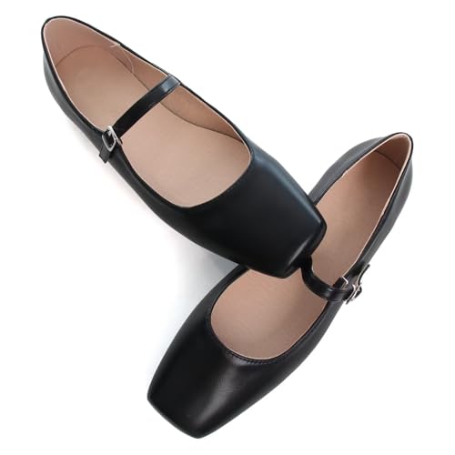 Image of TN TANGNEST Leather Flats for Women Retro Mary Jane Flats | Comfortable Square Toe Slip On Flats with Buckle Strap, Soft Work Flats Office Shoes