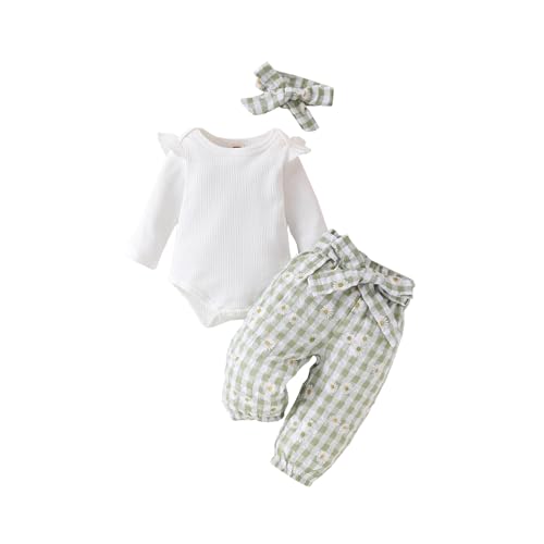 Image of Kaipiclos Newborn Infant Girl Clothes Rib Knit Romper Bow Floral Print Pants Headband Baby Clothes for Girls 0 3 6 12 18 24 M