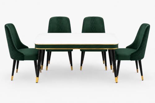 Image of WOODEN SPACE Majestic 4 Seater Wooden Dining Table Set | Urban Marble Top Dining Table with Chairs for Dining Room & Kitchen (Modern Vento Dark Green) (54 x 36 x 30 inch)