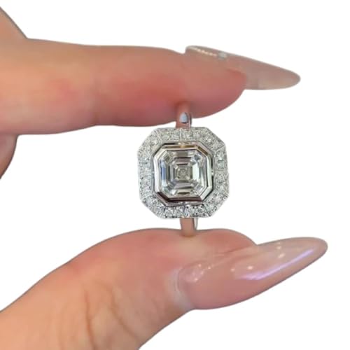 Silvart 1 Ct Asscher Cut Diamond Bezel Set Elegance Art Deco Vintage Inspired Cluster Halo Engagement Ring For Women 14K White Gold Plated Solitaire Wedding Ring 925 Sterling Silver Handmade Jewelry