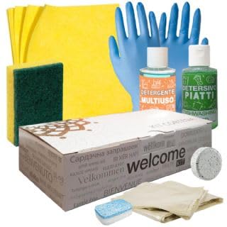 Kit pulizia casa Vacanze 8 Pezzi Detersivo piatti, spugna piatti, panno, sacco immondizia, guanti in nitrile, detersivo lavatrice, detersivo lavastoviglie per residence, case vacanze, appartamenti