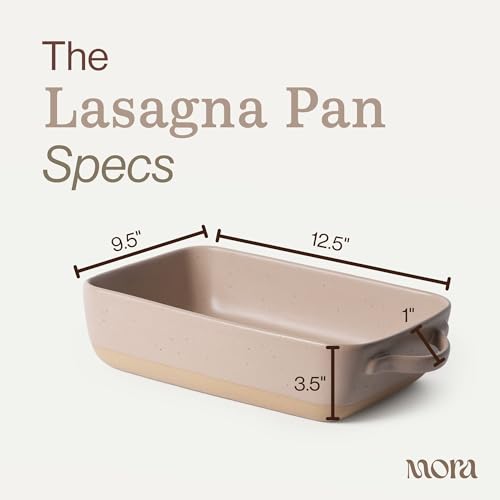 Image of Mora Ceramic Baking Dish with Handles For Casserole, Lasagna, Gratin, Broiling, Roasting, and Baking. Large 9x13 in Pan, Extra Deep - Porcelain Serving Bakeware from Oven to Table. Freezer Safe - Mushroom