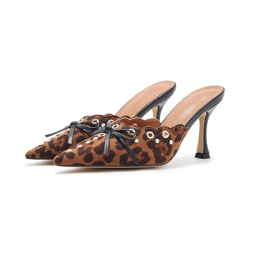 Image of Kitten Heel Mules for Women Bow Tie Suede Stiletto Heels Mule Pointed Toe Studs Slide Heeled Sandal Pumps for Wedding Dress Party