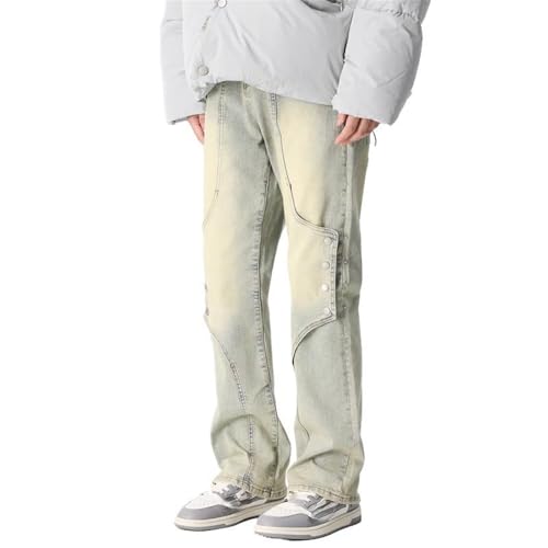 Men's American Retro Yellow Patchwork Denim Jeans2