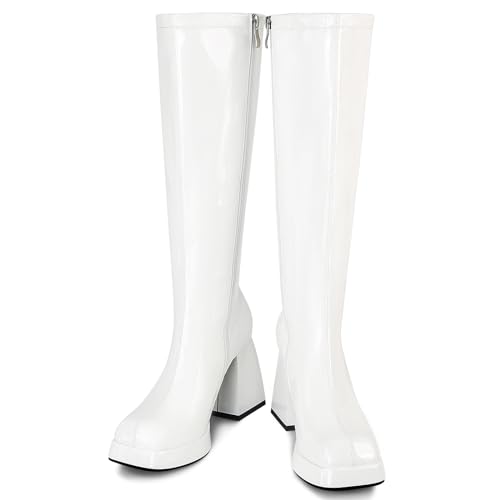 Image of SOVANYOU Black Leather Boots Platform Boots for Women Fashion Square Toe Chunky Block Heeled Boots Side Zip