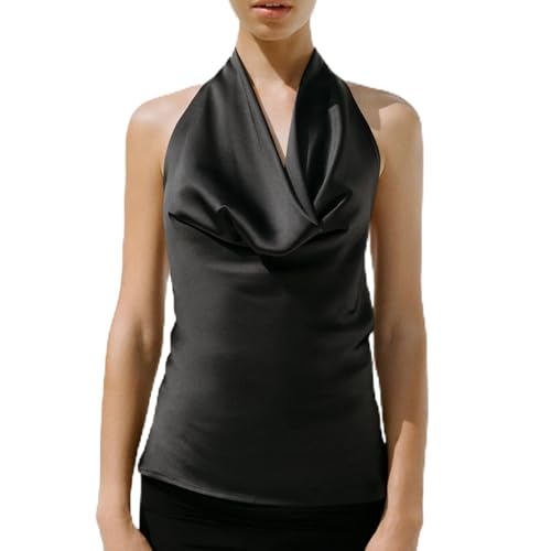 Piacakece Women Elegant Satin Halter Top Mock Neck Backless Tank Tops Solid Color Self-Tie Satin Vest (Black, S)