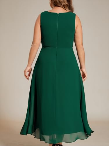 Image of Ever-Pretty Plus Women's V Neck Applique Chiffon Pleated Sleeveless Midi Plus Size Cocktail Party Dresses
