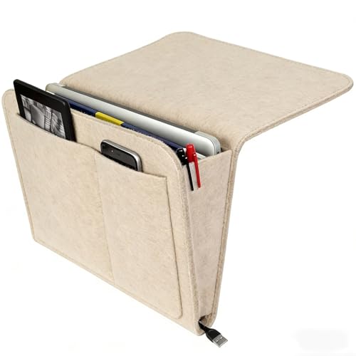 Betttasche Filz Betttasche zum Einhängen Bett Filzs Bett Caddy Organizer zum Einhängen Dicke Filz Nachttisch Tasche Betts Organizer für Buch Zeitschriften iPad Handy Fernbedienung (Beige)