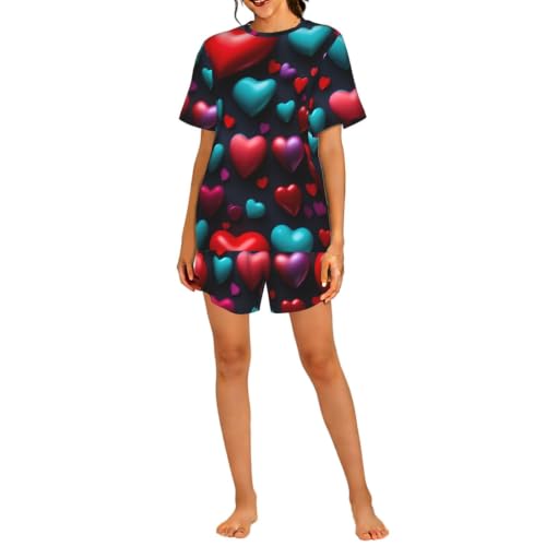 Pyjama court imprimé cœur rouge pour femme | Ensemble homewear confortable