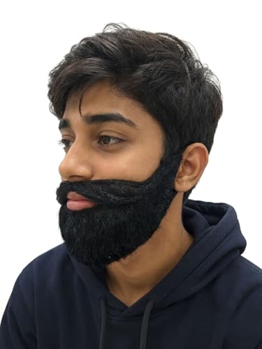 Image of BookMyCostume Realistic Black Fake Beard & Moustache Set | Sardar Look Artificial Beard with Tie String | Fancy Dress Prop for School Functions, Stage Drama & Cultural Performances | Teens & Adults