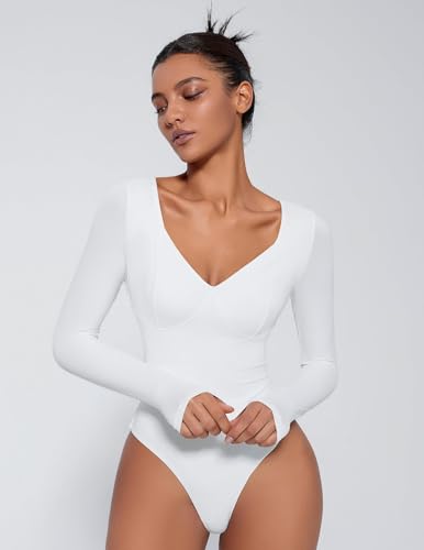 Image of Avidlove Bodysuit for Women Long Sleeve Double Lined Tank Top V Neck Bodysuit Tummy Control Shapewear