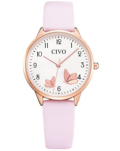 CIVO Reloj-Mujer Cuero Rosa Elegante - Reloj de Pulsera Mujer Analógicos Cuarzo Impermeable Reloj Señora Casual Moda Reloj de Vestir Agujas Numeros, Regalo para Mujer