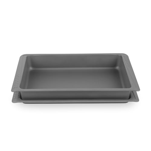 Russell Hobbs Shield 2-Piece Stackable Bakeware Set – 38 cm Ultra Non-Stick Roasting Tray & Baking Tin, Durable Carbon Steel, PFOA-Free, Oven Safe up to 220 °C, Long-Lasting Roaster & Oven Sheet, Grey
