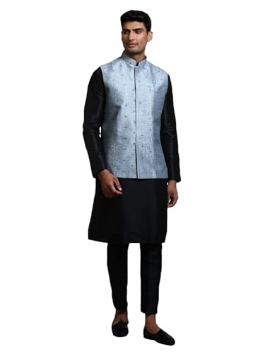 Image of VM Men's Grey-HG and Black Silk Blend Jacket, Kurta and Pyjama Set VMMJ217GYnKBL001nPANT005BL 42