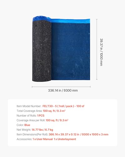 Image of VEVOR Floor Underlayment 100 sq. ft /Roll, 3 mm Thick Laminate Flooring Padding with Attached Vapor Barrier, Heavy Duty Fiber + PE Film, Soundproofing & Noise Reduction, Ideal for Vinyl Wood