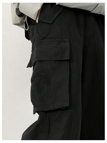 OYOANGLE Boy's Baggy Cargo Pants Flap Pocket Straight Leg Jogging Pants Solid Athletic Casual Trousers Black 11Y4