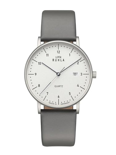 UMR RUHLA 30431 gr - Eleganz trifft Präzision – Stilvolle Armbanduhr mit 705 Quarzwerk - Edelstahlgehäuse - weißes Zifferblatt - Mineralglas - graues Lederarmband - Made in Germany