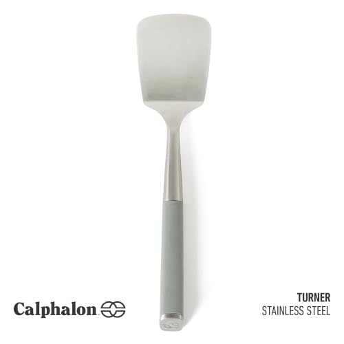 Image of Calphalon Edge Solid Turner, Cooking Spatula, Kitchen Spatula, Stainless Steel Turner with Silicone Heat Resistance Handle, Nonstick-Safe Spatula with Ergonomic Handle (Taupe)