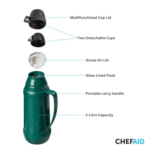 Chef Aid 1 Litre Flask with 2 Cups - Stay Hydrated Anywhere! Freezer Safe, Suitable for Liquids up to 100C, Green - Image 3