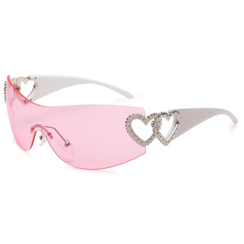 Pro Acme Wrap Around Rimless Sunglasses for Women Men Oversized Fashion Futuristic Sun Glasses Flat Top Shield 2000S Trendy(White Frame|Pink Lens)