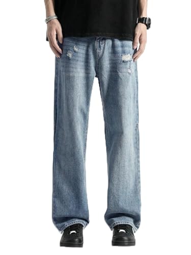 Jeans Pants Trousers Denim Street Light Color Punched Loose Straight Leg Wide Drop Feel Versatile Casual Men's Spring