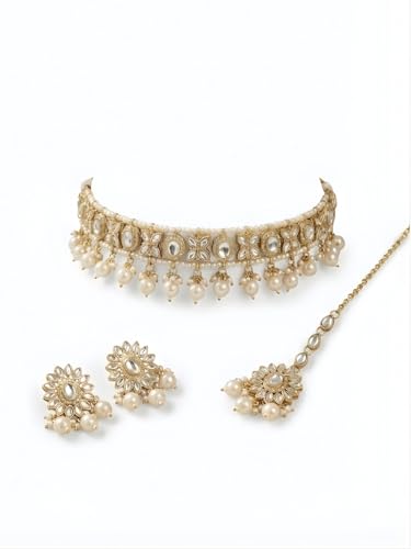 Reesha Jewel - Traditional Indian Jewellery Set with Pearl and Crystal Choker Necklace, Maang Tikka, Earrings in White color