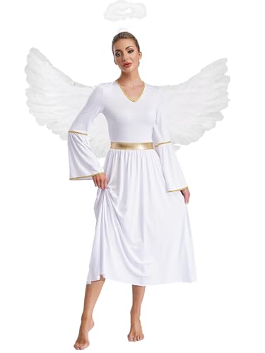 Miutii Vestido de disfraz de ángel para mujer, con alas de ángel, aureola, vestido de ángel de Navidad, juego de Belén, disfraz de Halloween, carnaval, fiesta, blanco, talla L