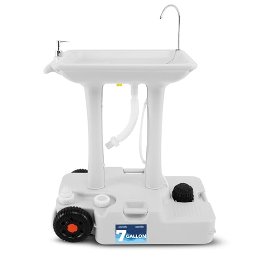 SereneLife 7+ Gal Portable Hand Wash Station with Wheels & Foot Pump